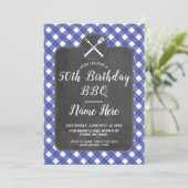 Birthday Party Blue Gingham Chalk GRILLEN Invite Einladung (Stehend Vorderseite)
