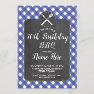 Birthday Party Blue Gingham Chalk GRILLEN Invite Einladung
