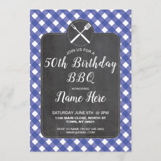 Birthday Party Blue Gingham Chalk GRILLEN Invite Einladung