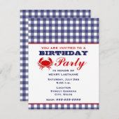Birthday Party Blue Gingham & Crab Einladung (Vorne/Hinten)