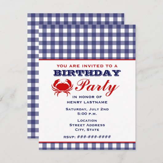 Birthday Party Blue Gingham & Crab Einladung (Vorne/Hinten)