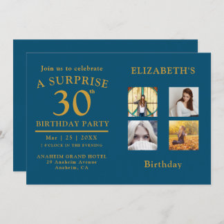 Birthday Party Blue Gold Foto Collage Einladung