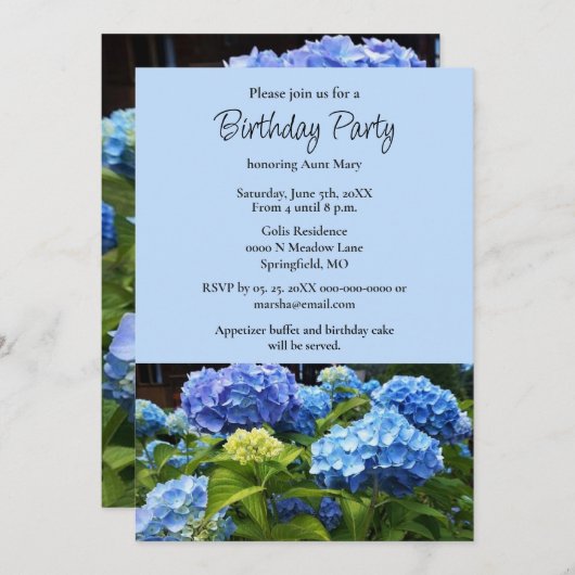 Birthday Party Blue Hydrangea Blume Einladung (Vorne/Hinten)