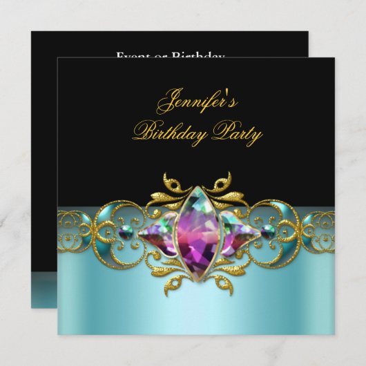 Birthday Party Blue Lilac Pink Verziertes Bild Einladung (Vorne/Hinten)