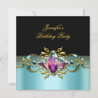 Birthday Party Blue Lilac Pink Verziertes Bild Einladung