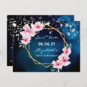 Birthday party blue moon pink floral Save the Date Postkarte (Vorne/Hinten)