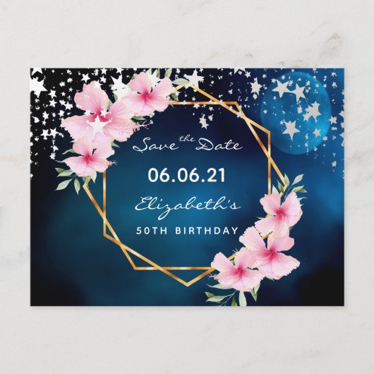 Birthday party blue moon pink floral Save the Date Postkarte (Vorderseite)