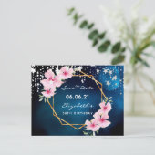 Birthday party blue moon pink floral Save the Date Postkarte (Stehend Vorderseite)