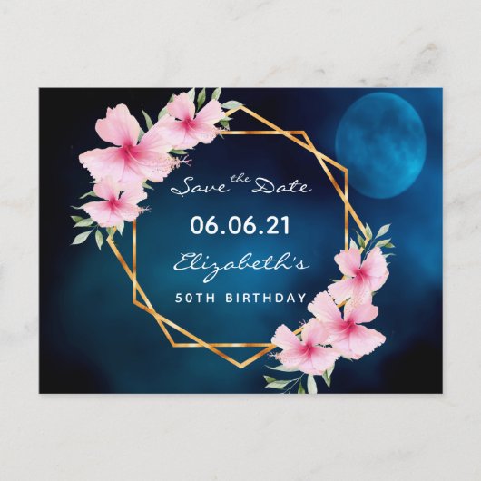 Birthday party blue moon pink floral Save the Date Postkarte (Vorderseite)