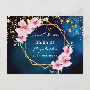 Birthday party blue moon pink floral Save the Date Postkarte
