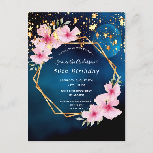 Birthday Party Blue Pink Blumensterne Einladung Postkarte (Vorderseite)