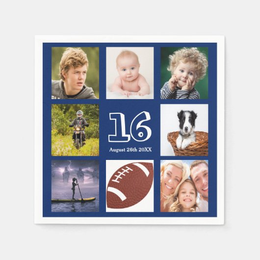 Birthday Party Blue White Foto Collage Junge Serviette (Vorderseite)