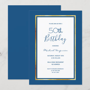 Birthday Party Blue White Gold Minimalist Einladung