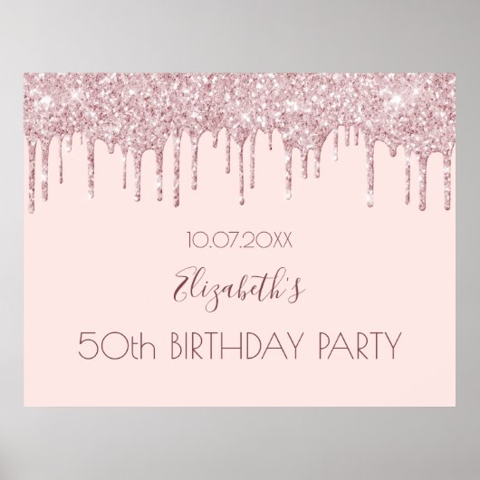 Birthday party blush pink glitter drips name poster (Vorne)