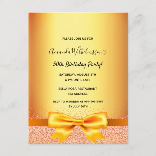 Birthday Party bow Rose Gold Glaze Einladung Postkarte (Vorderseite)