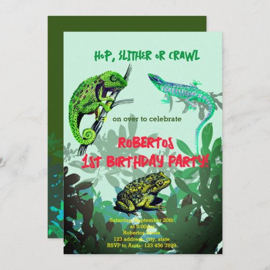 Birthday Party Boy Chameleon, Eidechse, Frosch Einladung (Vorne/Hinten)