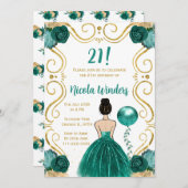 Birthday Party Brown Haar Prinzessin Aquamarin Einladung (Vorne/Hinten)