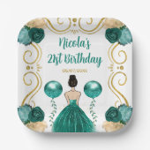 Birthday Party Brown Haar Prinzessin Aquamarin Pappteller (Vorderseite)