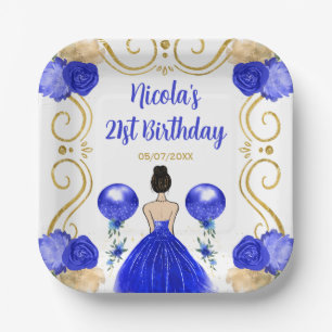 Birthday Party Brown Haar Prinzessin in Blue Pappteller