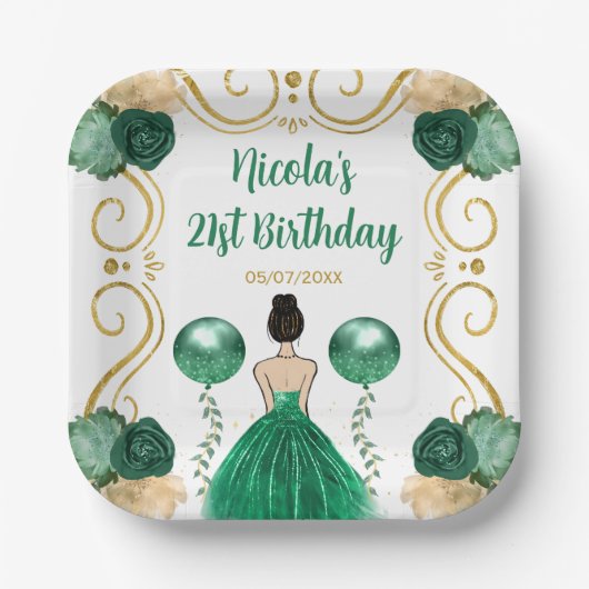Birthday Party Brown Haar Prinzessin in Green Pappteller (Vorderseite)