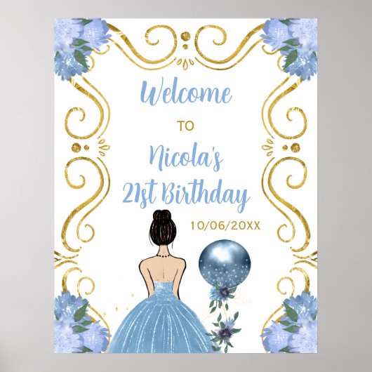 Birthday Party Brown Hair Princess Blue Willkommen Poster (Vorne)