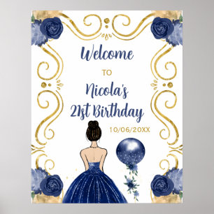 Birthday Party Brown Hair Princess Navy Willkommen Poster