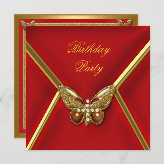 Birthday Party Butterfly Deep Red Gold Image Einladung (Vorne/Hinten)