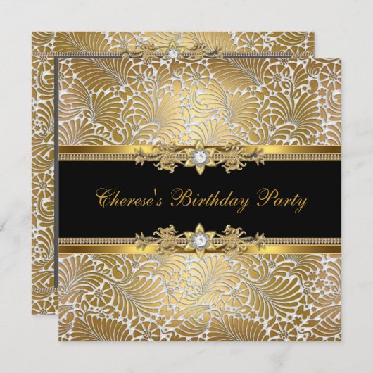 Birthday Party Damask Gold Schwarz-weiß Diamond Einladung (Vorne/Hinten)