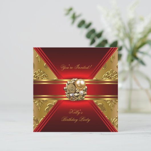 Birthday Party Damask Red Gold Einladung (Stehend Vorderseite)