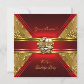Birthday Party Damask Red Gold Einladung (Vorderseite)