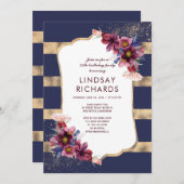 Birthday Party der Marine Burgund und Gold Floral Einladung (Vorne/Hinten)