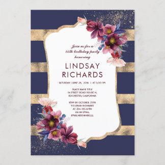 Birthday Party der Marine Burgund und Gold Floral Einladung