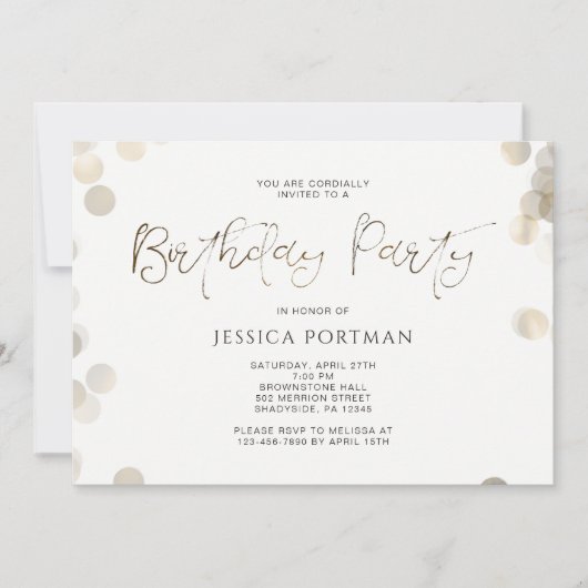 Birthday Party Einladung Modernes Gold Look Bokeh (Vorderseite)