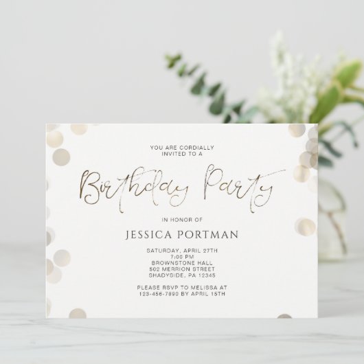 Birthday Party Einladung Modernes Gold Look Bokeh (Stehend Vorderseite)