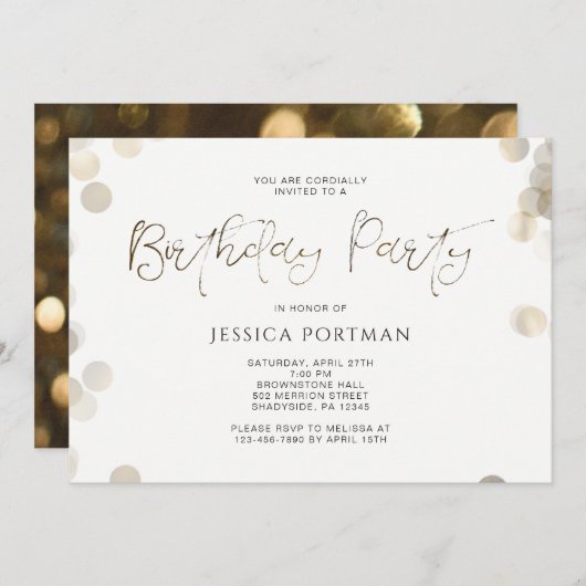 Birthday Party Einladung Modernes Gold Look Bokeh (Vorne/Hinten)