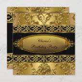 Birthday Party Elegante Damask Gold Black 3 Einladung (Vorne/Hinten)