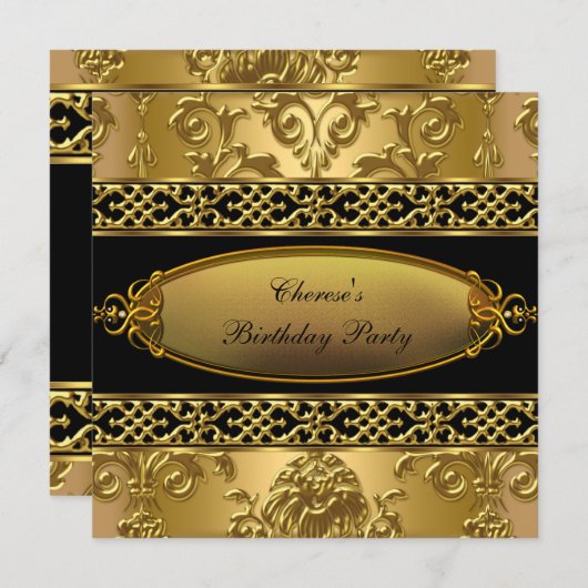 Birthday Party Elegante Damask Gold Black 3 Einladung (Vorne/Hinten)
