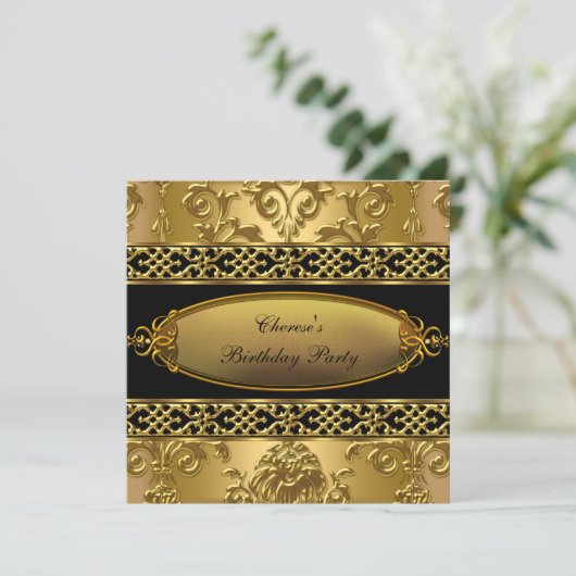 Birthday Party Elegante Damask Gold Black 3 Einladung (Stehend Vorderseite)