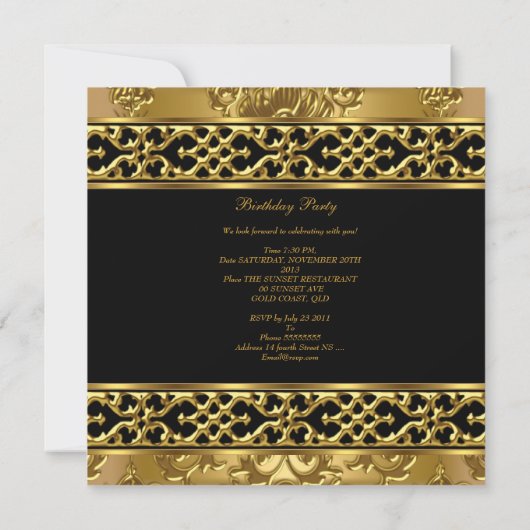 Birthday Party Elegante Damask Gold Black 3 Einladung (Rückseite)