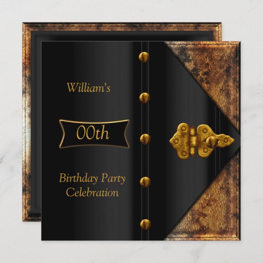 Birthday Party Elegante Mens Rusty Gold Black Einladung (Vorne/Hinten)