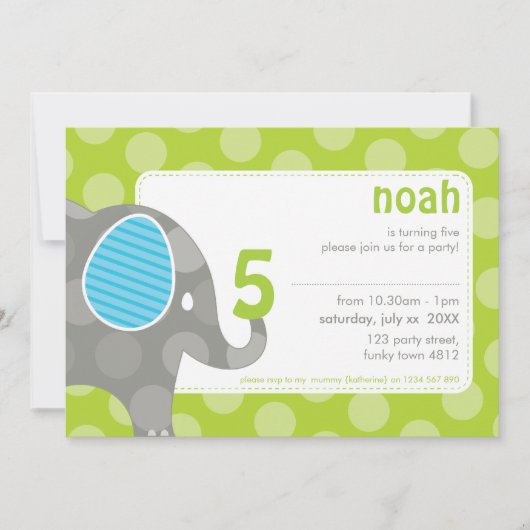 BIRTHDAY PARTY ERSUCHT: Elefant + Nummer 1L Einladung (Vorderseite)