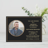 Birthday Party Foto Black Gold Personalisierung Einladung (Stehend Vorderseite)