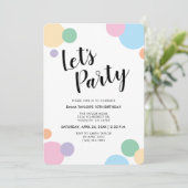 Birthday Party Fun Rainbow Confetti Ballon Dots Einladung (Stehend Vorderseite)