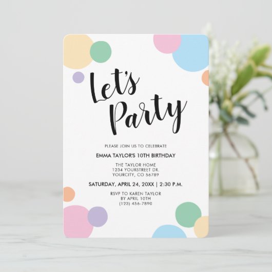 Birthday Party Fun Rainbow Confetti Ballon Dots Einladung (Stehend Vorderseite)