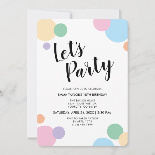 Birthday Party Fun Rainbow Confetti Ballon Dots Einladung (Vorderseite)