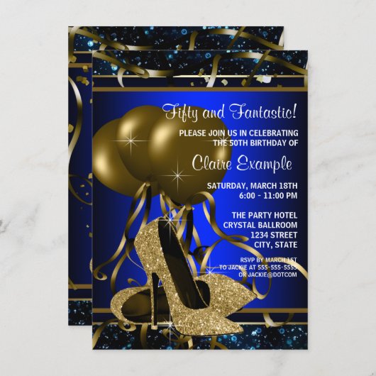 Birthday Party für Frauen in Blau und Gold Einladung (Vorne/Hinten)