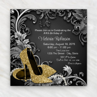 Birthday Party für Frauen mit Black Gold Shoe Einladung