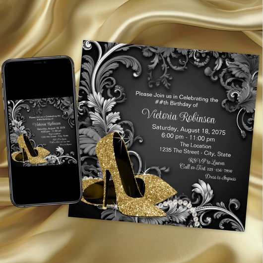 Birthday Party für Frauen mit Black Gold Shoe Einladung