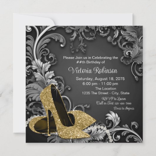 Birthday Party für Frauen mit Black Gold Shoe Einladung (Vorderseite)
