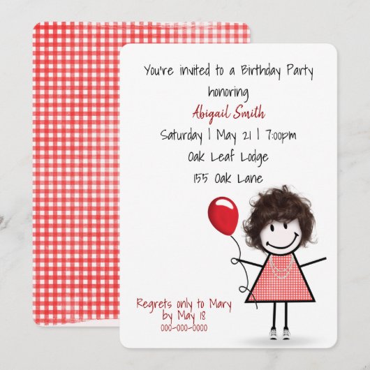 Birthday Party Girl mit Red Balloon Einladung (Vorne/Hinten)